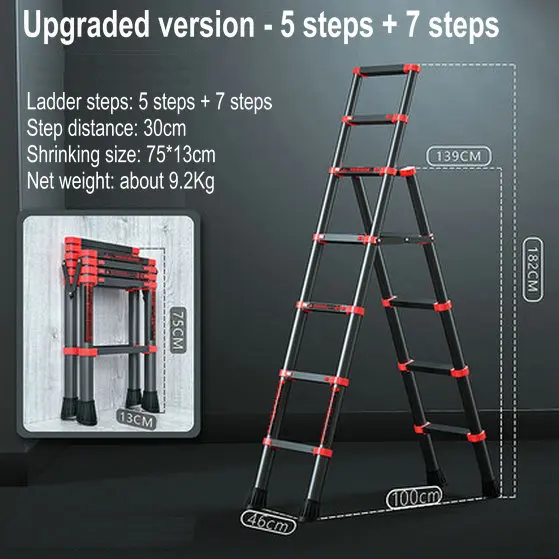 1.39M/1.82M Multi-Function Aluminum Telescopic Ladder Household Trestle Portable Five-Step Collapsible Lift Stairs | Инструменты