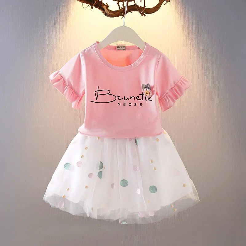 

2021 summer girl sets baby cute letters children toddler short-sleeved T-shirt net yarn suit skirt girls birthday party costume