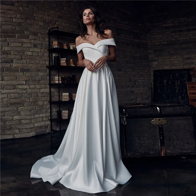 

Simple Satin Wedding Dresses Sexy V Neck Bow Zipper Off the Shoulder A-Line Bridal Gowns Plus Size Vestido De Noiva Cheap