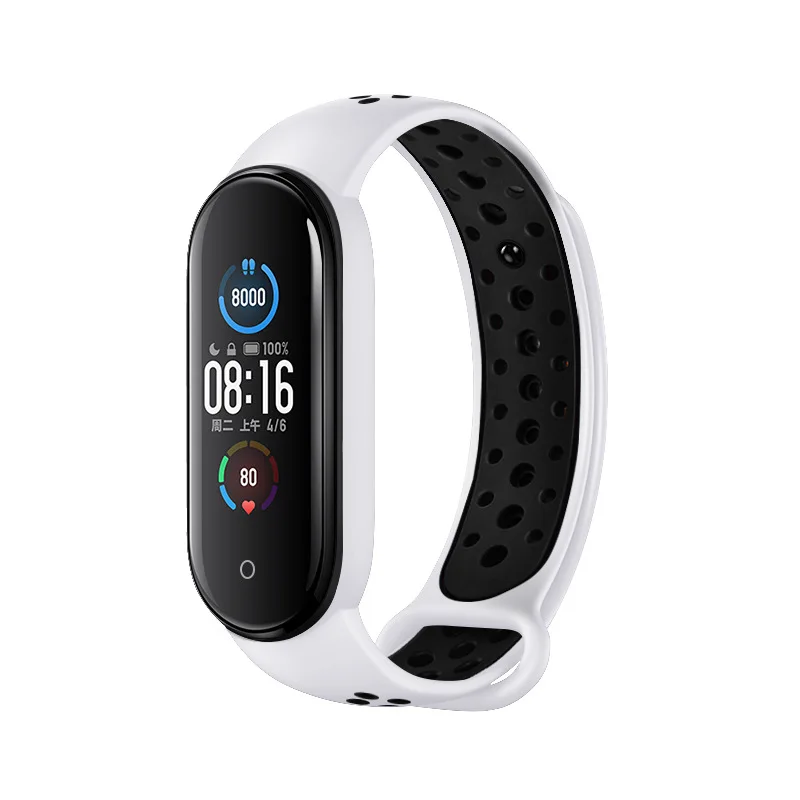 Силиконовый двухцветный ремешок для Mi Band 5 пористый дышащий браслет с защитой от
