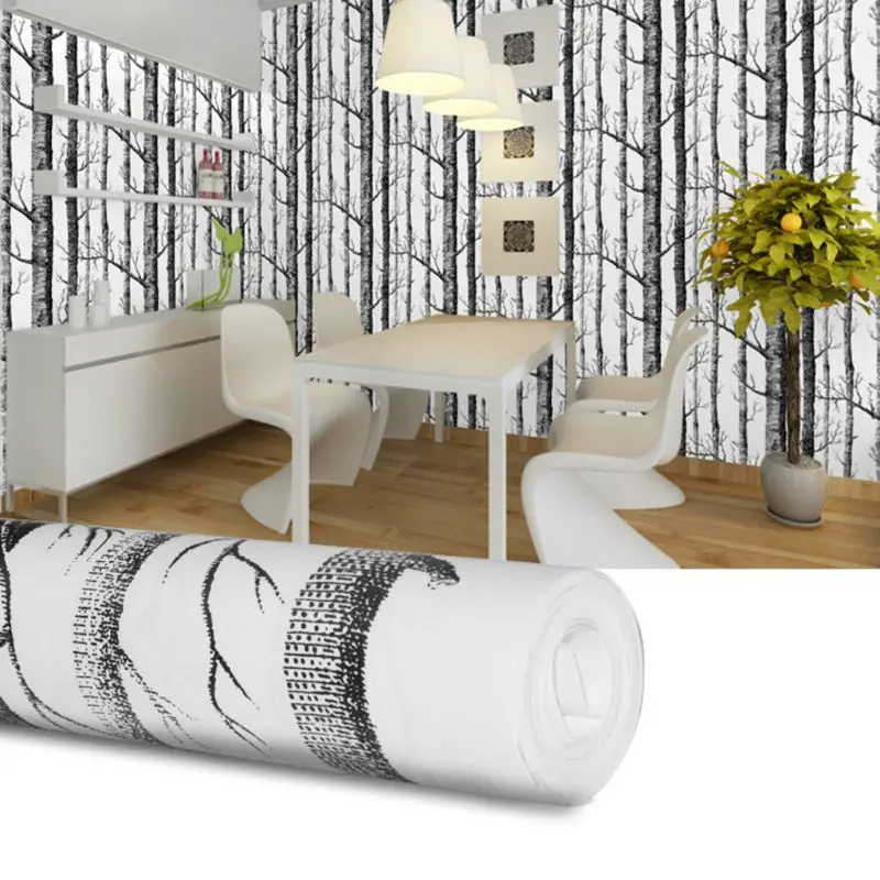 

Black White Birch Tree Wallpaper Modern Design Roll Pearly Rustic Forest Woods Bedroom Living Room Wall Paper Home 10 x