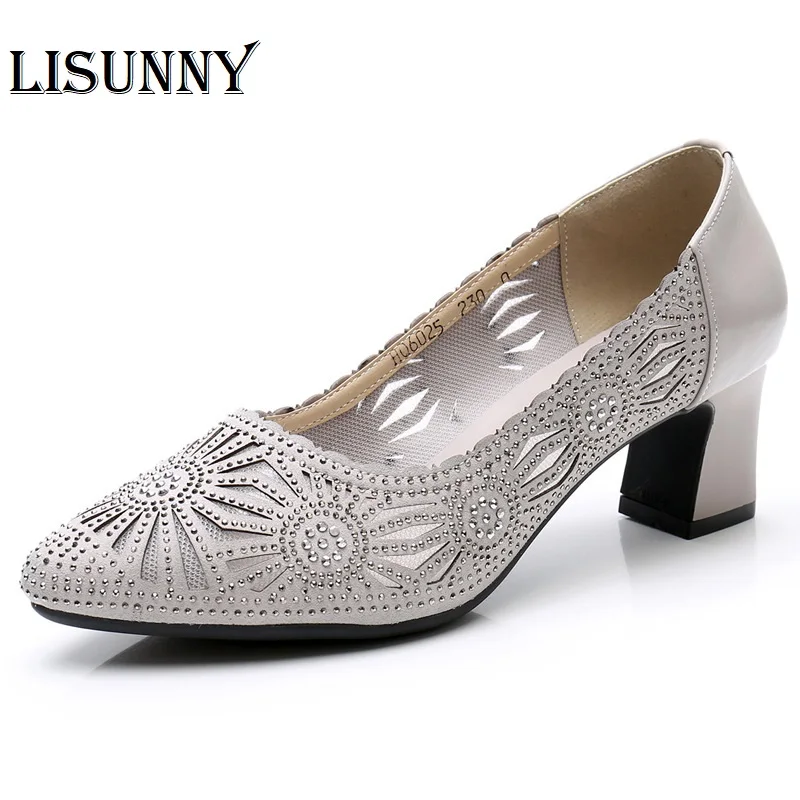 

LISUNNY 2021 Summer Fashion Hollow Out Genuine Leather Pumps Women Shoes Med Heels Square Heel Mesh Ladies Office Shoes Crystal