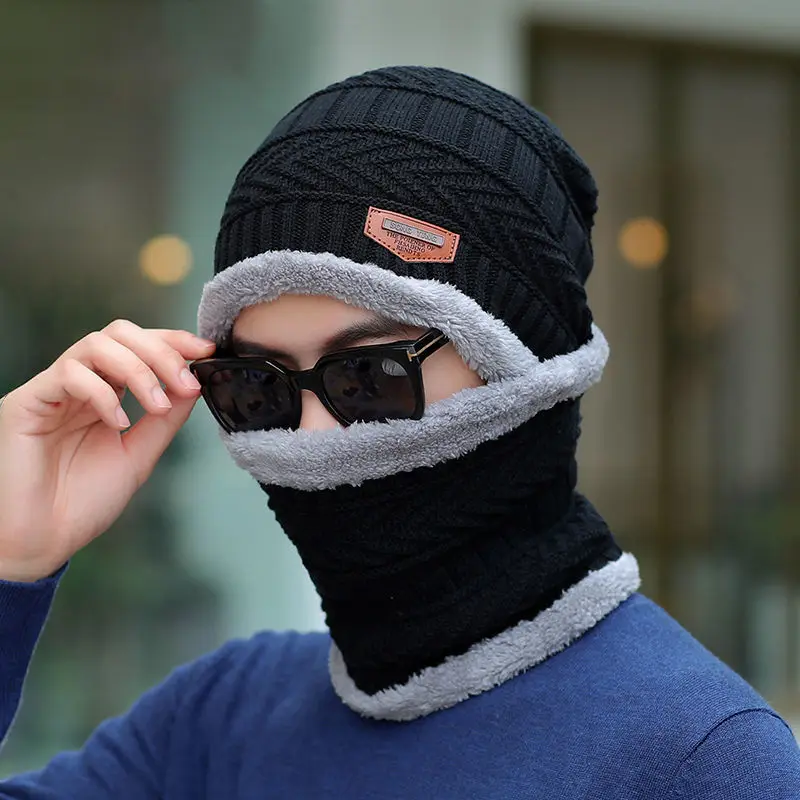 

Winter Hats For Men And Women Scarf Mask Thickened Plush Warm Wool Knitted Hat Collar Hip Hop Cap Riding Cotton Beanies Gorros