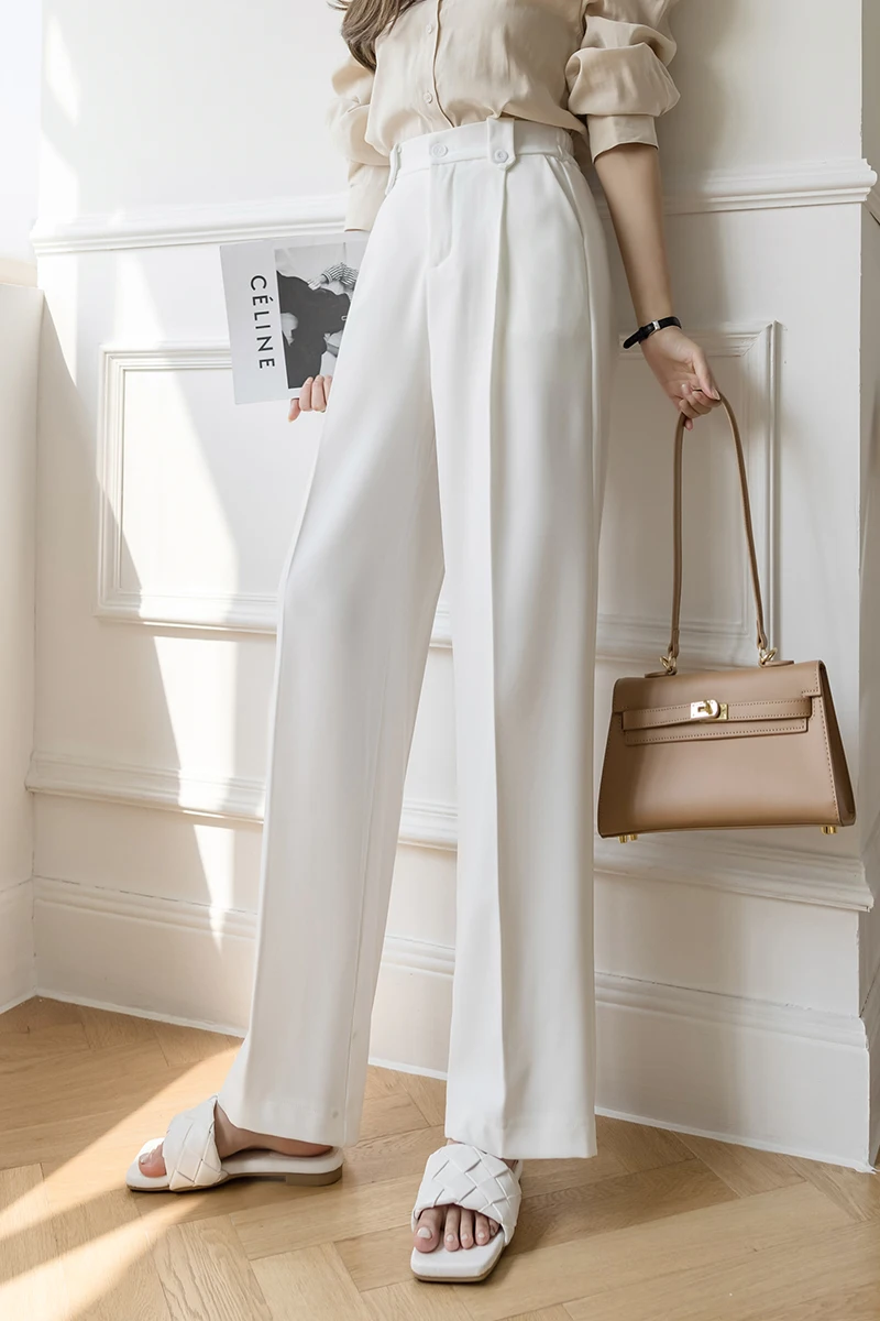 

Korean Summer Women Office Lady Elegant Solid High Waist Wide Leg Pants Casual Straight Suits Pant Female Loose Long Trousers