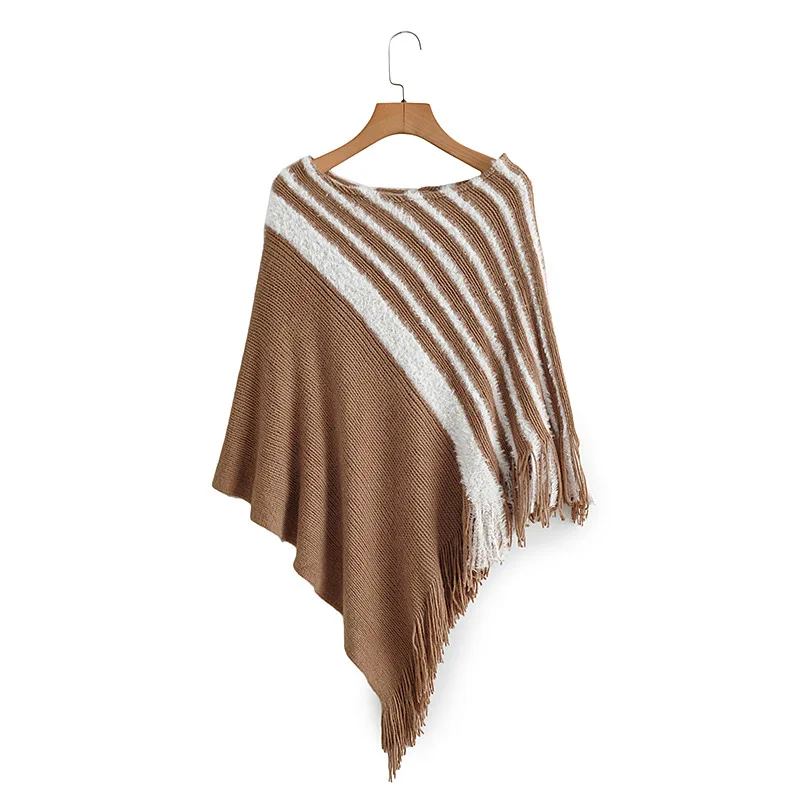 

Winter Women's Fashion Knit Sweater Shawl Fringed Cloak Stripe Cape