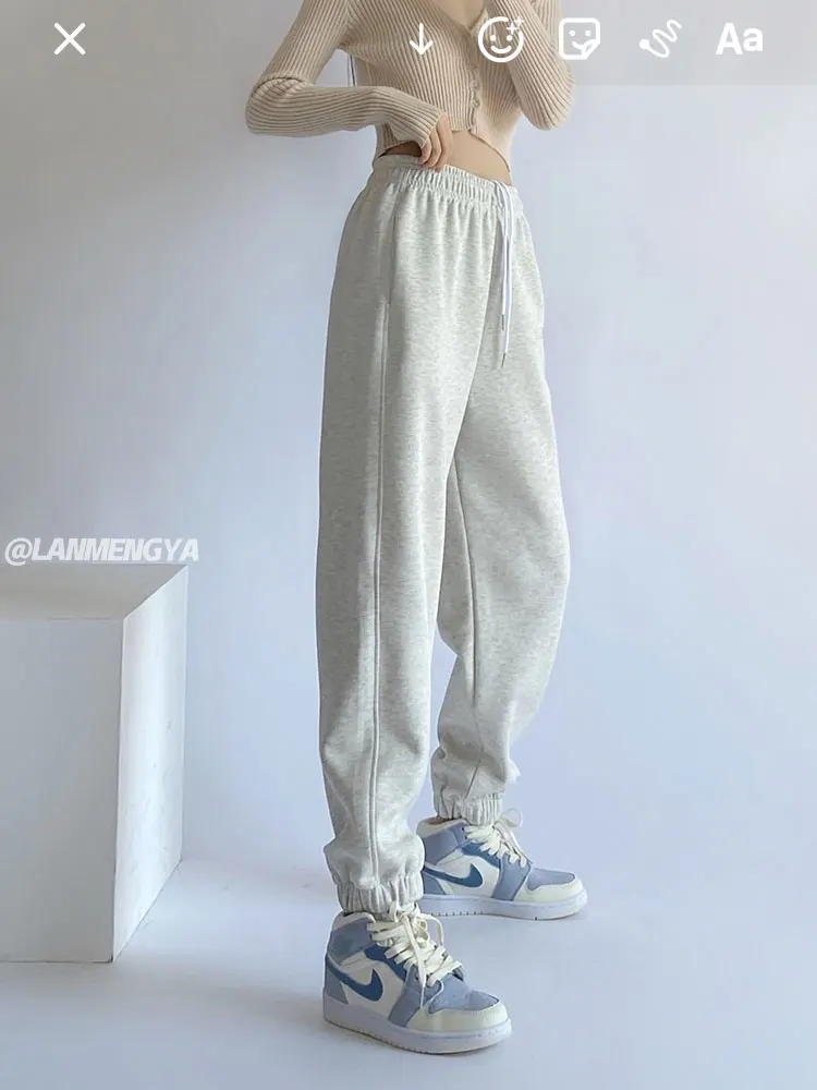 Beige Ankle Banded Pants Women's Autumn and Winter Leisure Outer Wear Gray Sweatpants Loose Harem plus Velvet Thick Track Pants