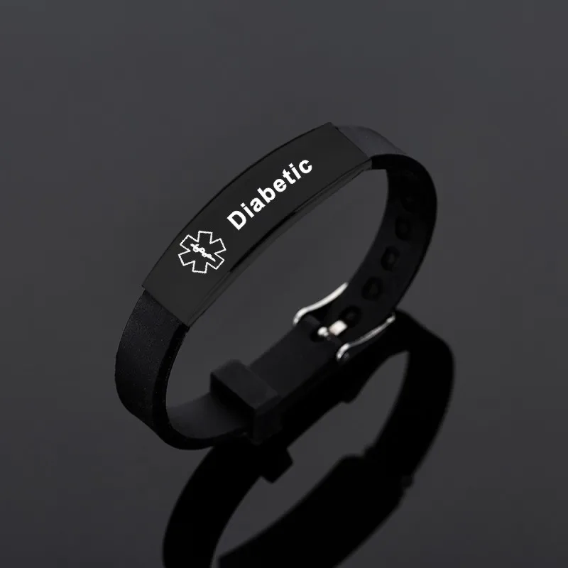 Black Stainless Steel Silicone Medical Alert Bracelet DIABETIC EPILEPSY SOS Bracelets Engraving Wristband For Men