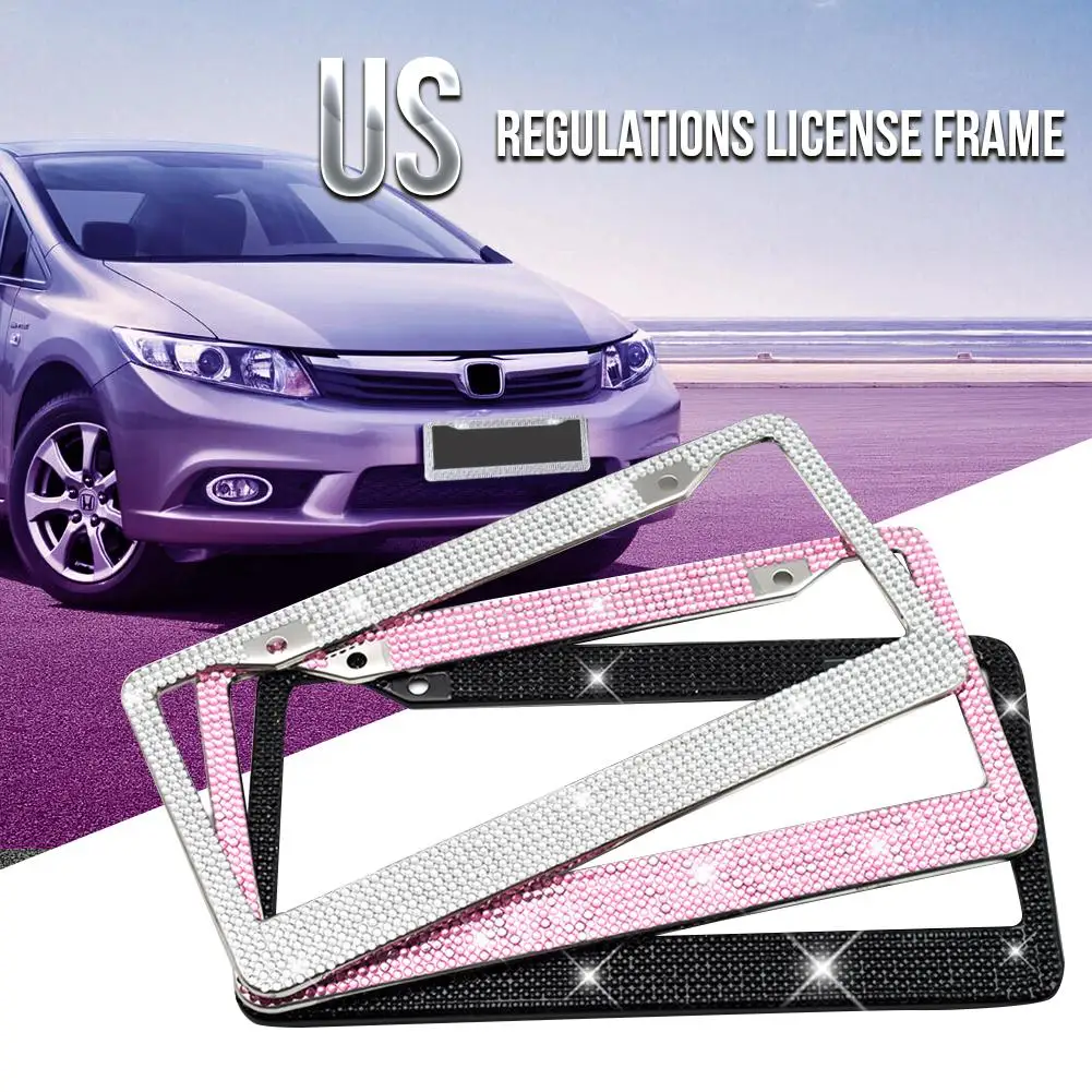 

Car Stainless Steel License Plate Frame Holder Silver Diamond Bling Glitter Crystal Rhinestone For USA American Canada Truck