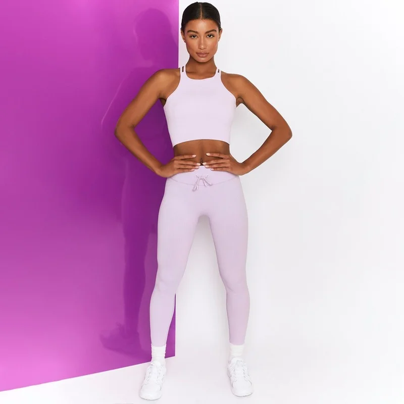 

Pure Color Yoga Clothing Suit Sexy Double Shoulder Bra Tight Pants Sports Fitness Clothing Sport Clothes for Women 2 Piece Sets