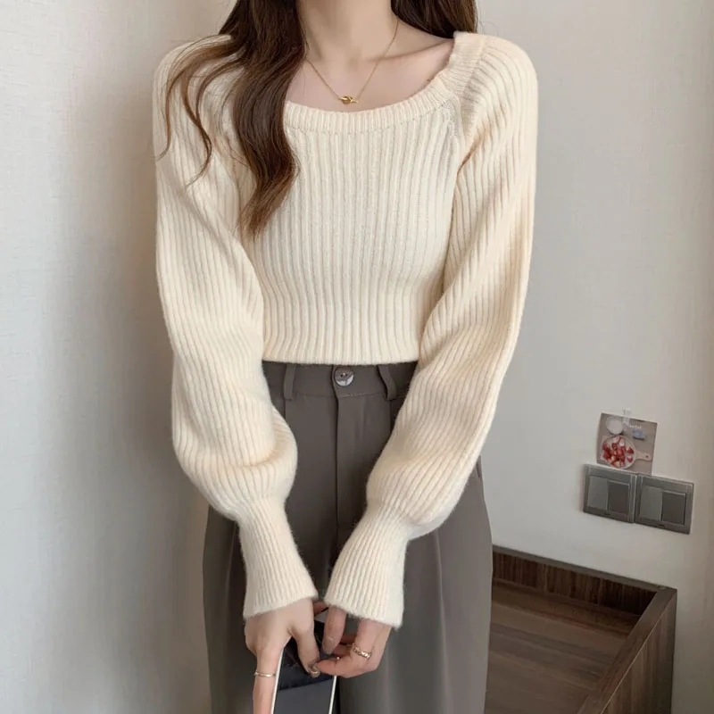 

2021 autumn winter new women's gentle lazy style bubble sleeve square neck sweater short wild slim pure color sweater