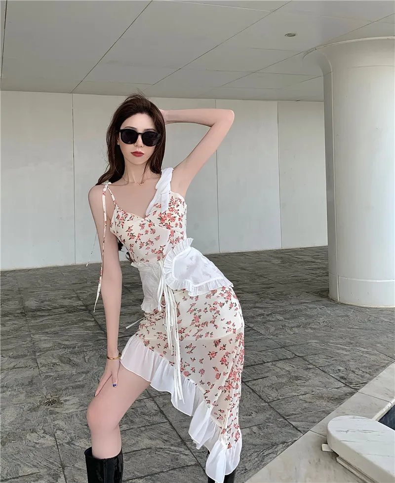 

Summer Woman Asymmetrical Sexy Streetwear Floral Print Chiffon Ruffles Spaghetti Strap Dress YOU378