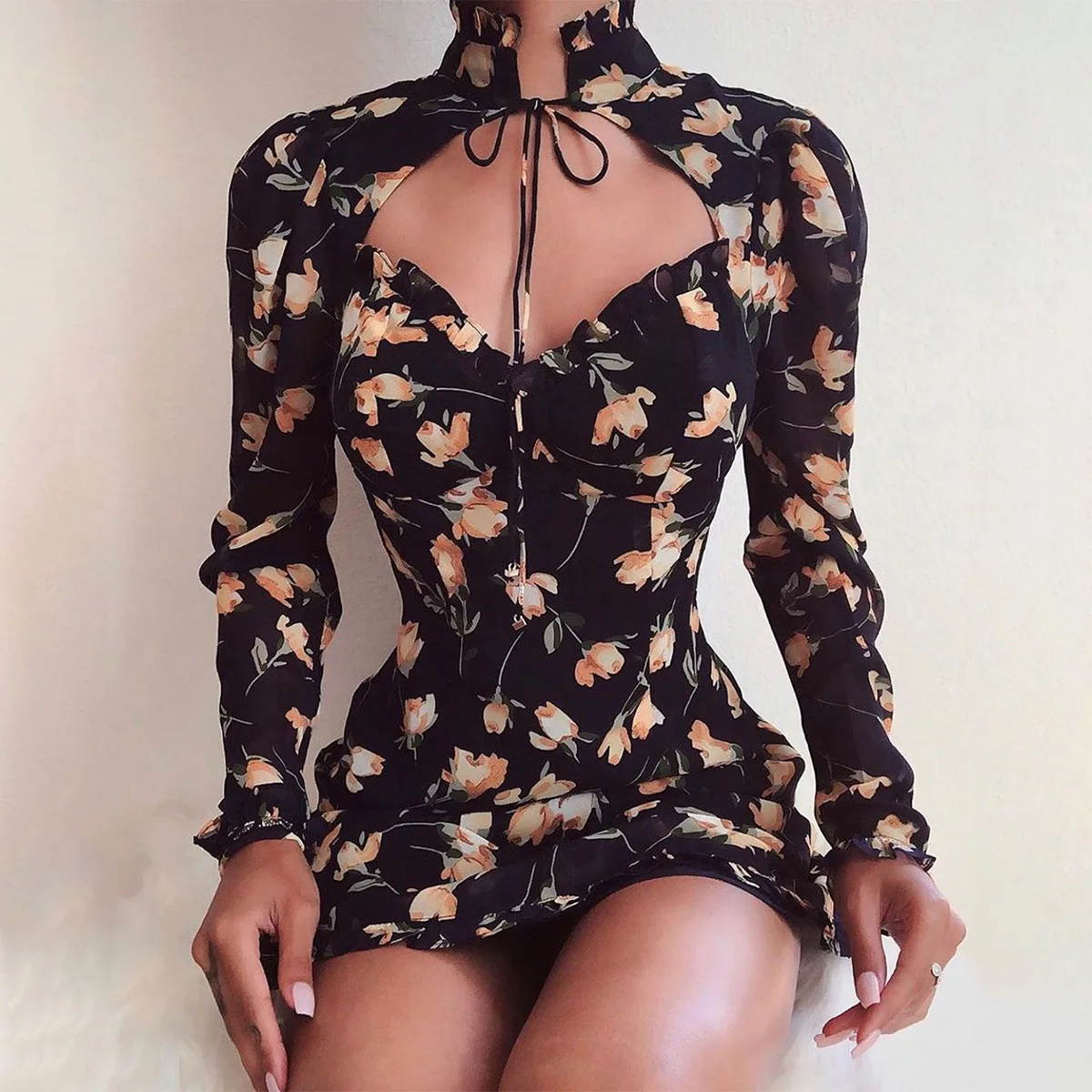

2021 Autumn And Winter New Women's Floral Wood Ear High-neck Tie Low-cut Lace-up Female Long-sleeved Mini Harajuku Dresses