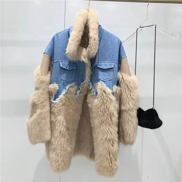 CAMEL Двустороннее Женское пальто из натуральной овечьей кожи, шерстяная куртка с мехом, лоскутное джинсовое зимнее пальто для женщин - Цвет: CAMEL