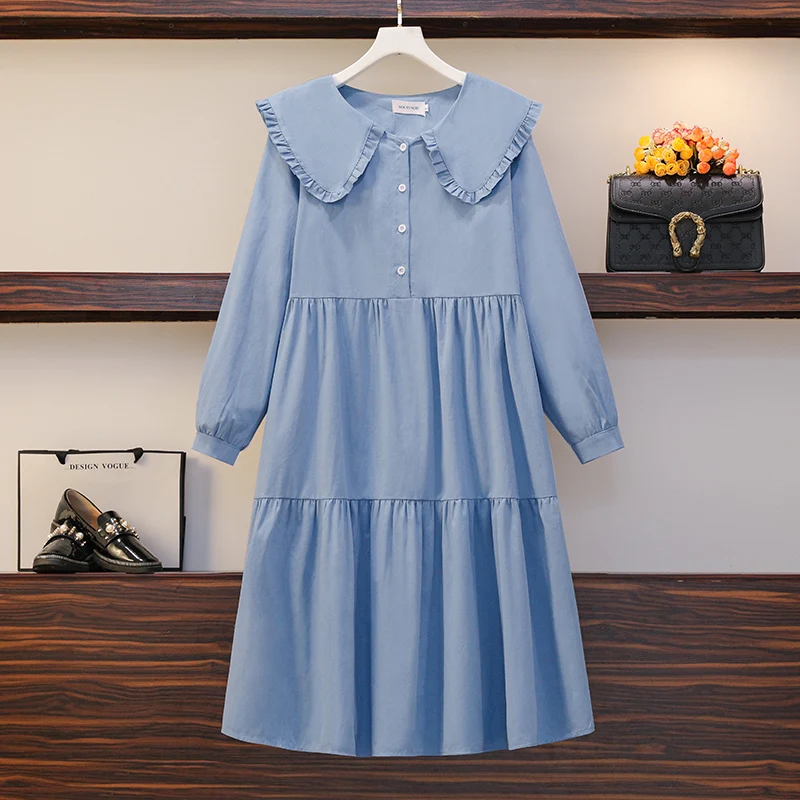 

Large Size Women Sweet Cotton Dress Autumn 2021 Cute Ruffle Peter Pan Collar Long Sleeve Loose Casual Blue Midi Dresses Korean