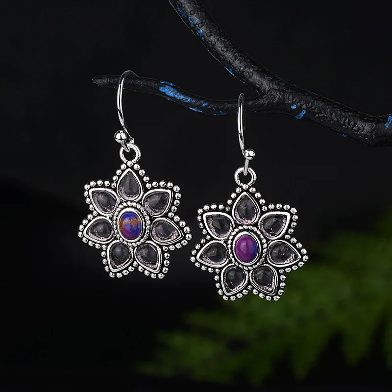 Ретро Marcasite Charoite Лепестковые серьги женские персиковые цветы фиолетовые
