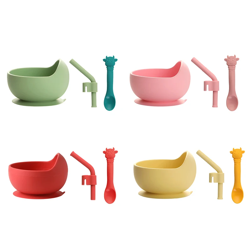 

BPA-Free Baby Silicone Bowl Spoon Straw Cup Set Anti-slip Silicone Bowl Eating Learning Tableware Suction Bowl Baby Product