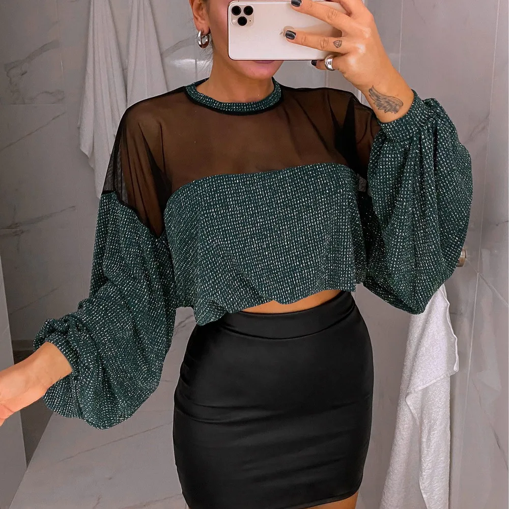 Сетчатая Лоскутная блуза рубашка Женская 2020 Весна Длинный рукав-фонарик