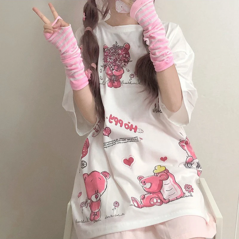 

Women's t-shirts Summer Top White Cartoon Funny Bear Loose Student Half Sleeve Top T-shirts Harajuku Graffiti Print T-shirt
