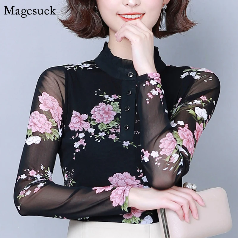 

Blusas Тонкий размера плюс блузка для женщин 2021 Новинка осени; Платье в Корейском стиле с цветочным узором; Элегантные рубашки для женщин с дли...