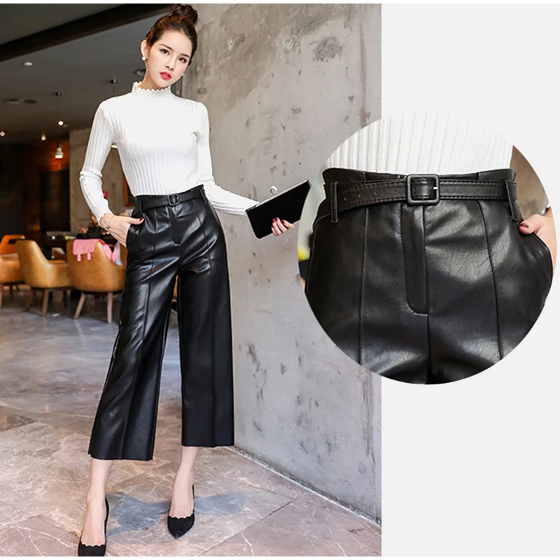 Autumn Faux PU Leather Pants Women With Belt High Waisted Wide Leg Anke-length Women's Trousers Winter NEW Fashion Clothes