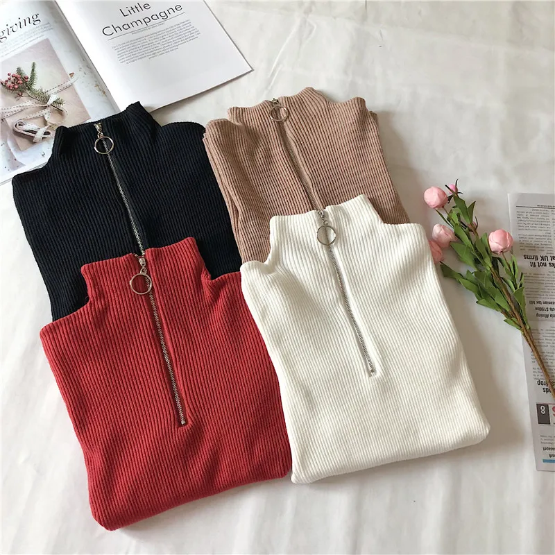 

Zoulv Long Sleeve Skinny Elastic Knitted Femme Solid Spring Jumper High Quality Zipper Half Turtleneck Pullovers Women Sweater