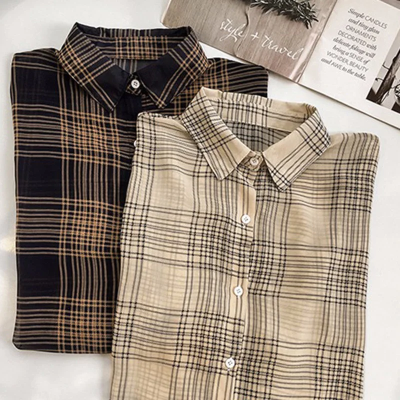 

Shirts Women Casual Simple Single Breasted Plaid Korean Style Loose Long Sleeve Womens Shirt Trendy All-match Large Size Elegant