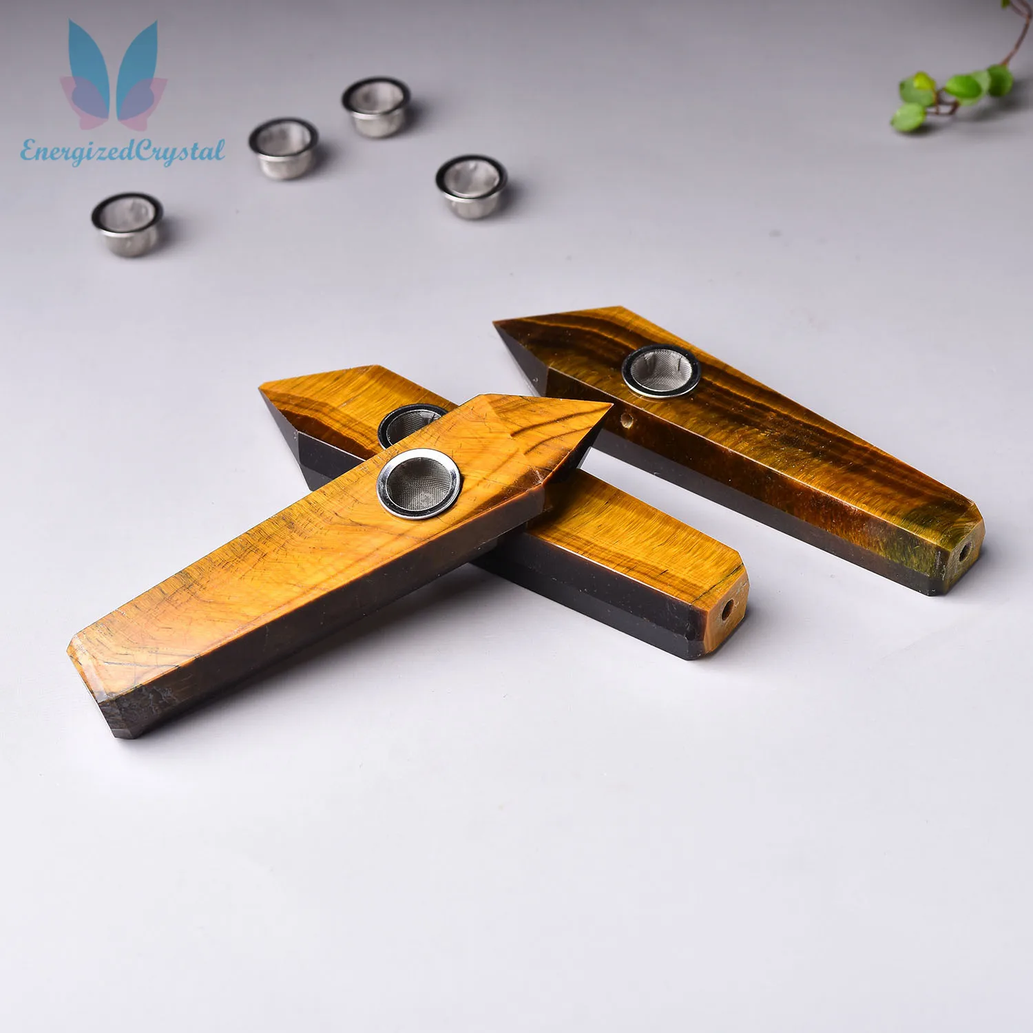 

Natural Yellow Tiger's Eye Quartz Crystal Pipe Healing Tobacco Wand Smoking Set