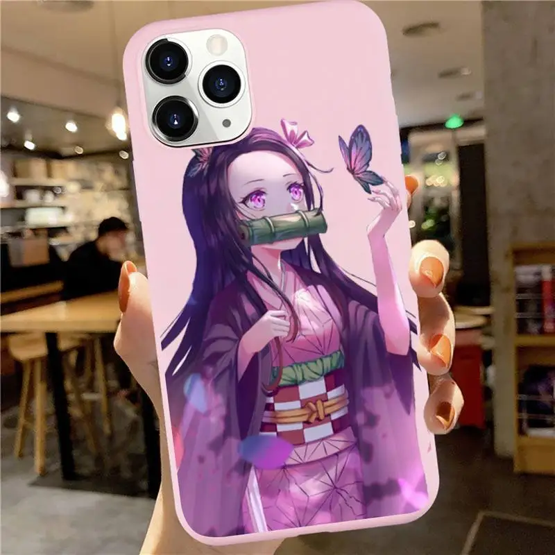 

Kimetsu No Yaiba Demon Slayer Phone Case Pink Candy Color for iPhone 6 7 8 11 12 s mini pro X XS XR MAX Plus