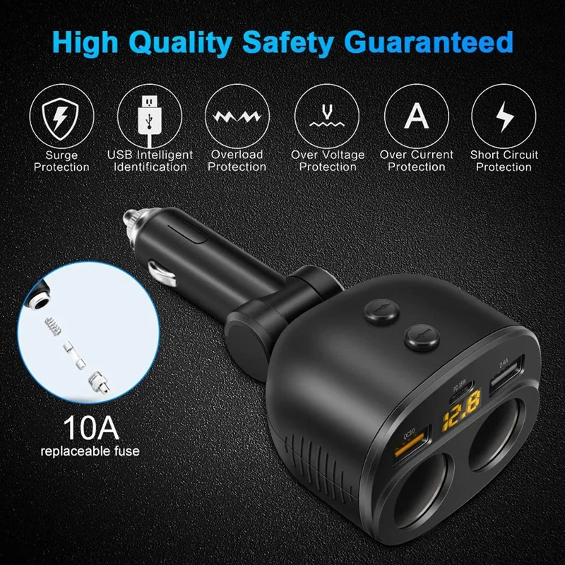 

Car Charger QC 3.0 2 Sockets Splitter Adapter Dual USB PD 18W with LED Voltage Display for Car Phone GPS Dash Cam