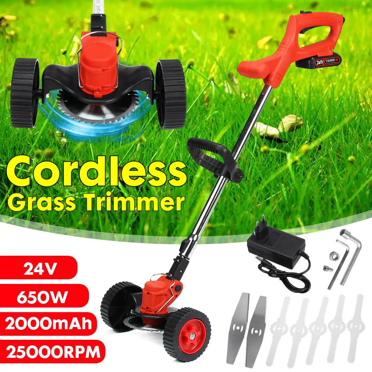 

24V Electric Grass Trimmer Garden Lawn Mower Rechargeable Cordless Grass Pruning Tool Machine For Makita 2 Battery&Wheels
