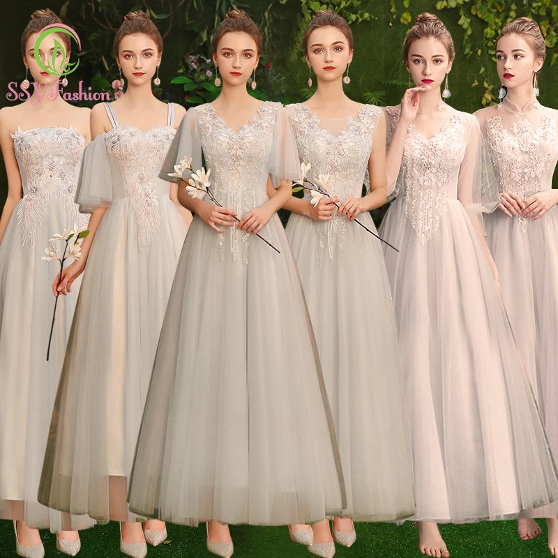 Женское платье подружки невесты SSYfashion серое длинное для праздвечерние банкета