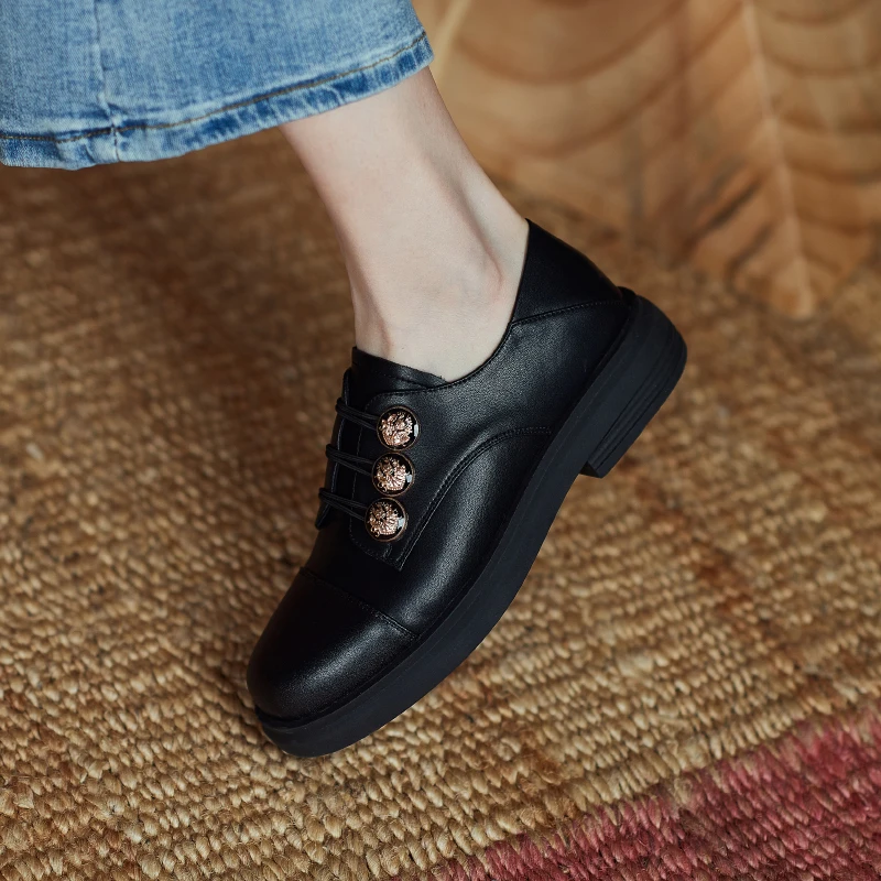 

2021 Fashion Office Women Block Low Heels Luxury Black Shoes for Loafers Flat Casual Leather Brand High Quality Designer Lace Up