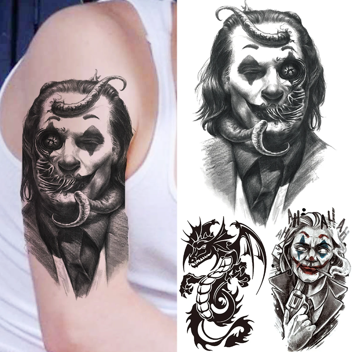 

3D Black Clown Temporary Tattoos For Men Women Kids Realistic Flying Dragon Halloween Fake Tatoos Sticker Party Body Art Tattoos