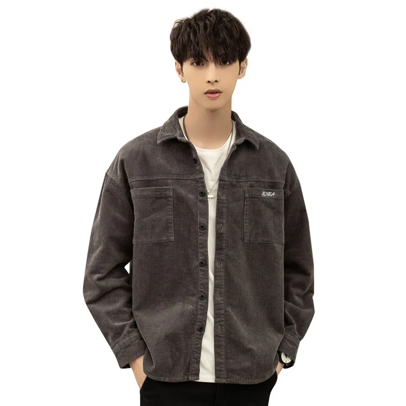 

2021 New Fashion All-Match Men Casual Long-Sleeved Shirt 100% Cotton Corduroy Soft Comfortable Loose Drop-Shoulder Design