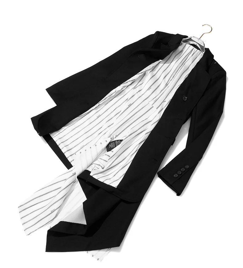 

PYJTRL Women Autumn Oblique-breasted Waist Slim Stitching Striped Lining Long Suit Jacket Fashion Casual Dress Coat Street Wear