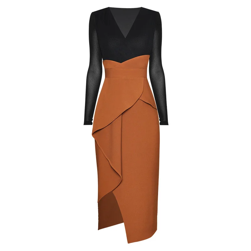 

office look ladies dresses for women clothes 2020 V-neck Long sleeve Patchwork Package buttocks Ruffles Asymmetrical Dresses