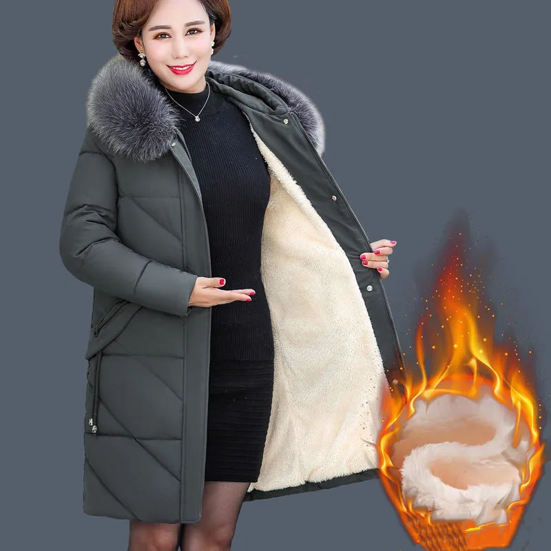 

Middle Aged Mom's Cotton Padded Coat Winter Plus Velvet Thickened Warm Parkas Fur Coller Long Women Jacket Wadded Ckothing W2249