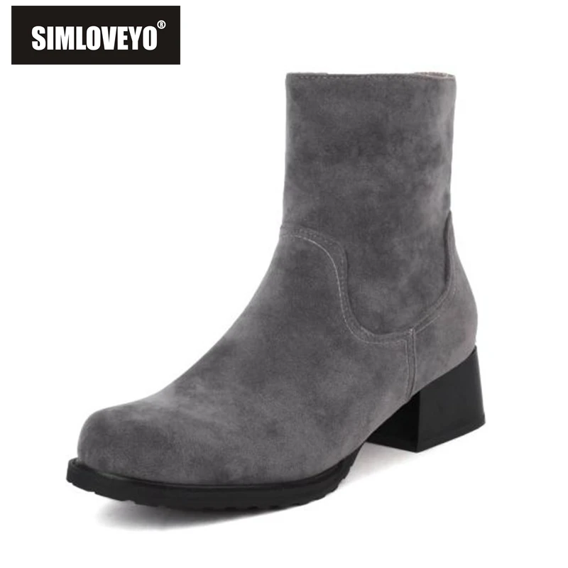 

SIMLOVEYO Woman Ankle Boots Round Toe Black Blue Grey Brown Chunky Heels Flock Zipper Big Size 34-43 Solid Classics Winter S2736