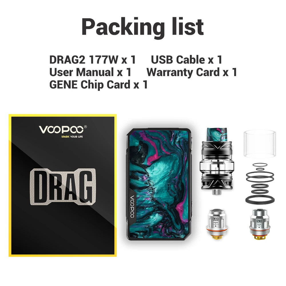 Vape VOOPOO Drag 2 Kit электронная сигарета коробка мод 177W T2 бак Pod rta испаритель S190 |