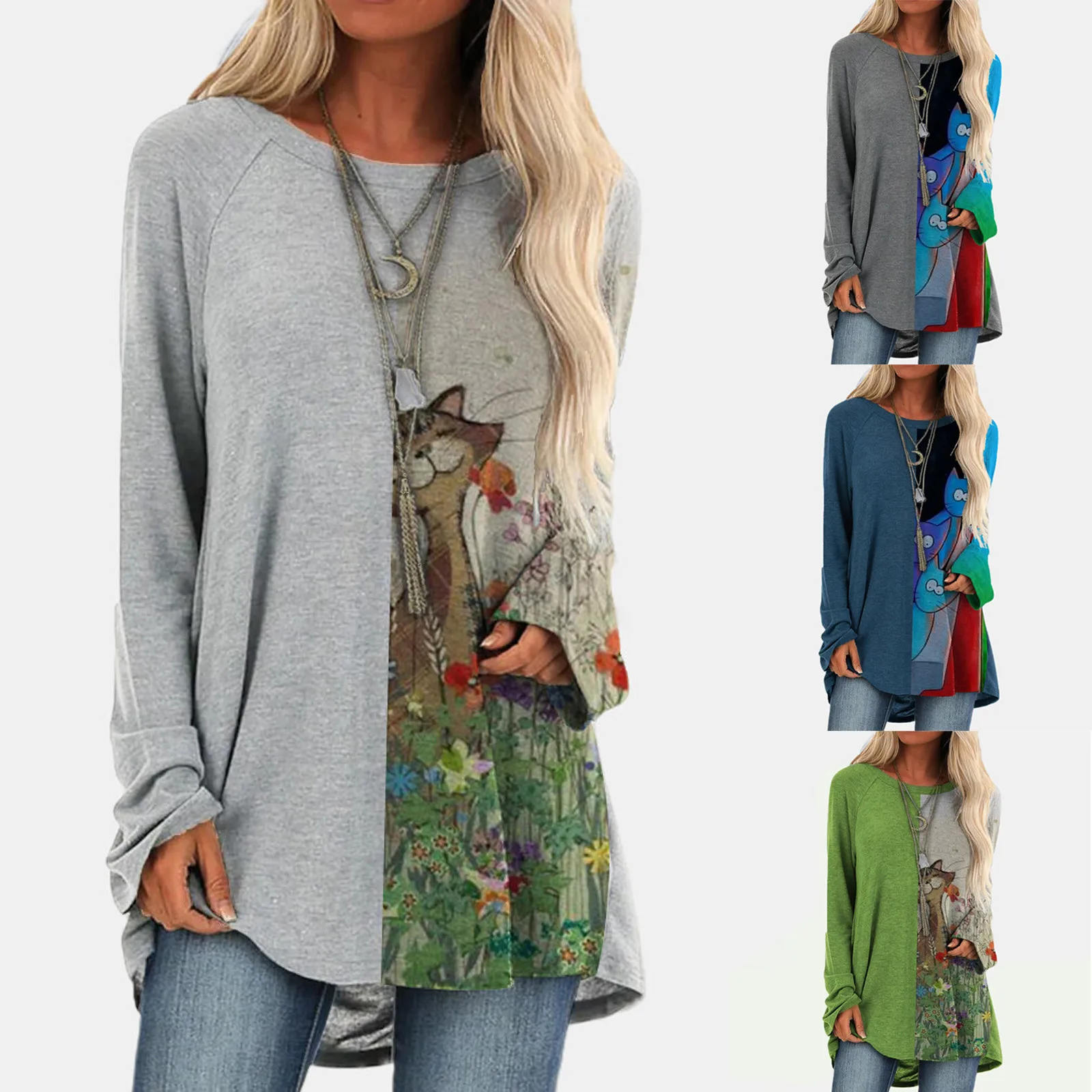 2021 Sweatshirt Fashion Women Long Sleeve Color Block Cat Print Pockets Sweatshirt Hooded Top Christmas Valentine's Day #dz
