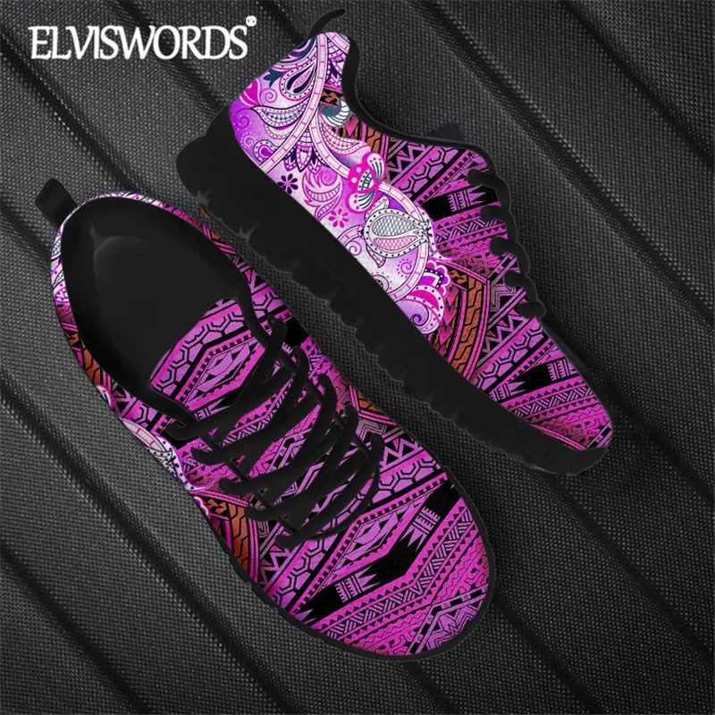 

ELVISWORDS Women's Casual Flat Shoes Polynesian Tribal Pattern Air Mesh Running Sneaker Durable Outdoor Footwear Breathable