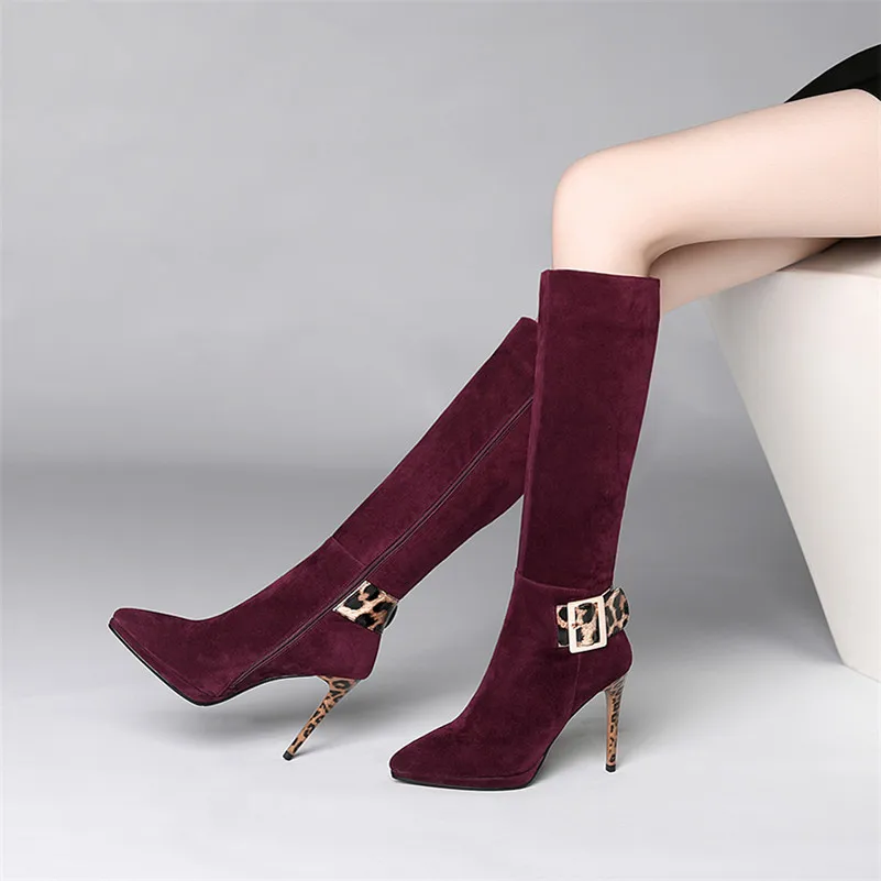 

Meotina Winter Knee High Boots Women Kid Suede Zip Thin Heel Long Boots Leopard Buckle Super High Heel Shoes Ladies Autumn 34-39