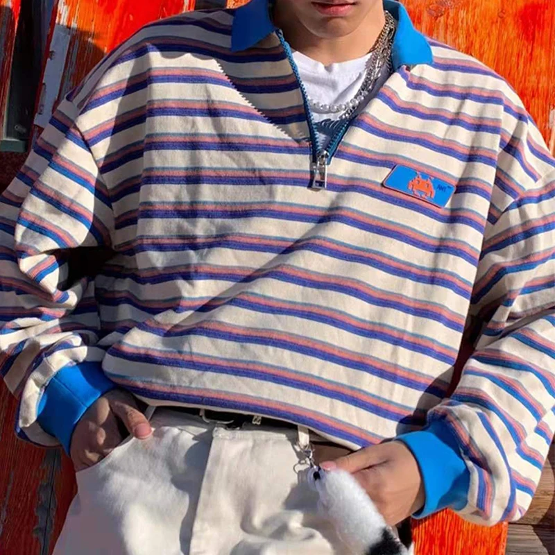Полосатая толстовка на молнии пуловеры с воротником-поло Свитшот оверсайз