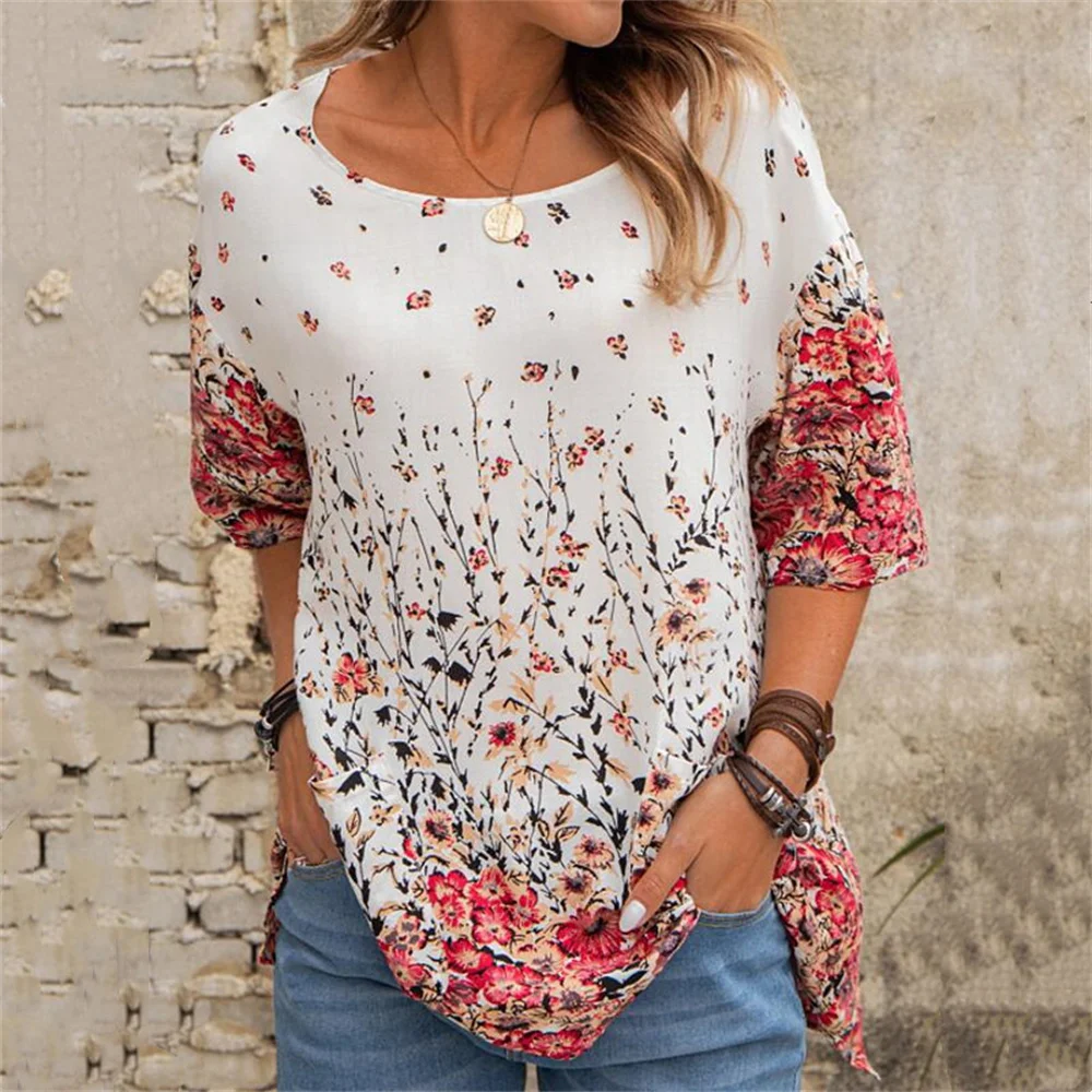 

Fashion Women New Floral Printed Loose O-Neck Half-Sleeve T-Shirt Casual Splice Streetwear Top Summer 2021 Female Cotton T-Shirt