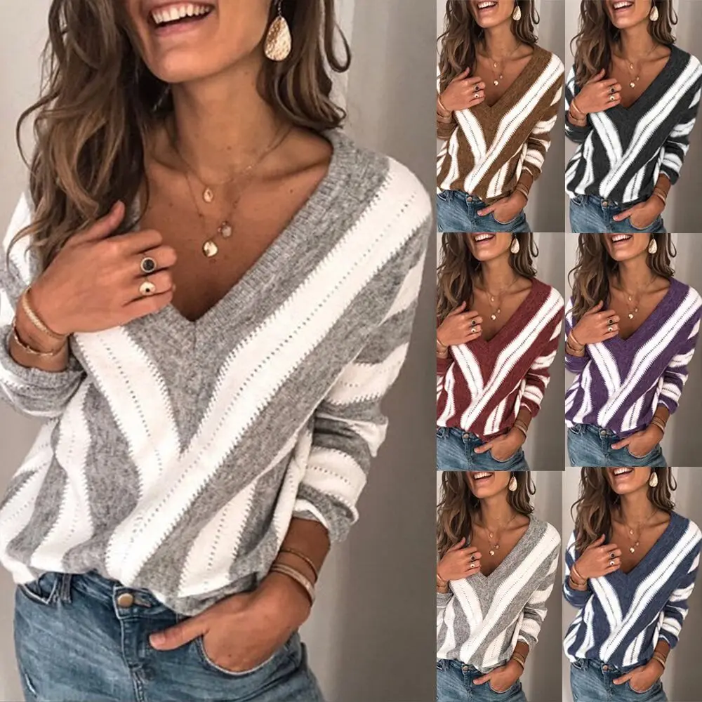 

Autumn and winter thin European and American loose knit pullover bottoming sweater V-neck long-sleeved knitted women's clothing