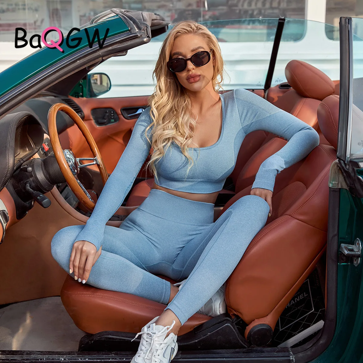 

Короткий топ с длинным рукавом BaQGW + леггинсы с высокой талией, облегающий спортивный костюм из 2 предметов, женский тренировочный спортивный костюм, спортивная одежда для фитнеса