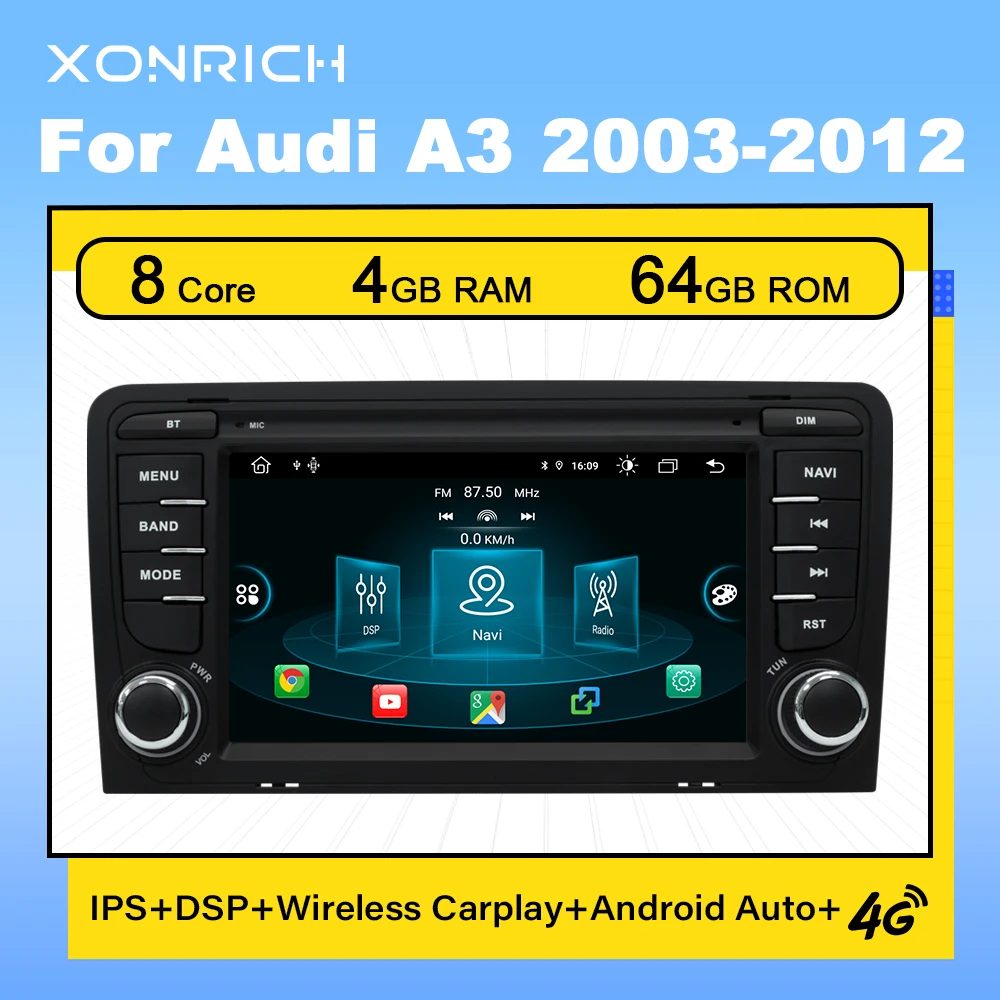 

Wireless Carplay Android Auto Car Multimedia Player For Audi A3 2003-2011 RS3 Sportback GPS Radio Stereo DSP 4G+64G 2Din DVD IPS
