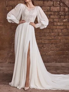 Elegant A Line Wedding Dresses Lace Appliques Lantern Sleeves Side Split Chiffon Bride Gowns Sweep Train Vestidos De Novia