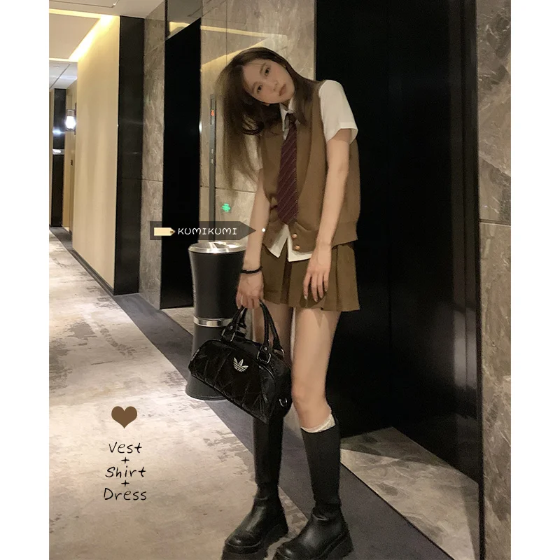 

Academy Style Sweet Suit Cool Women's Knitted Vest Shirt Top Summer Pleated Skirt Jk Uniform Fashion Three Piece Set