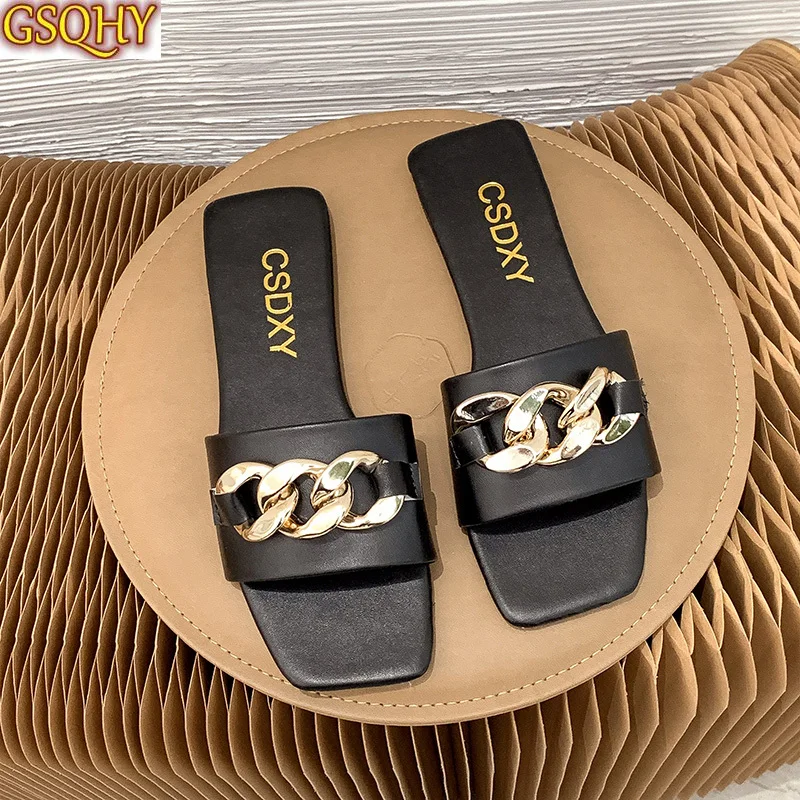

2021 Women Slippers Casual Ladies Square Toe Flat Outdoor Slides Fashion Metal Decoration Female Shoes Open Toe Beach Lady Shoes